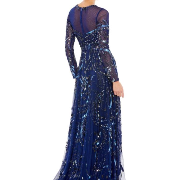 MAC DUGGAL 5217 LONG SLEEVE EMBELLISHED ILLUSIONS MIDNIGHT NAVY GOWN sz 16 - Picture 4 of 6